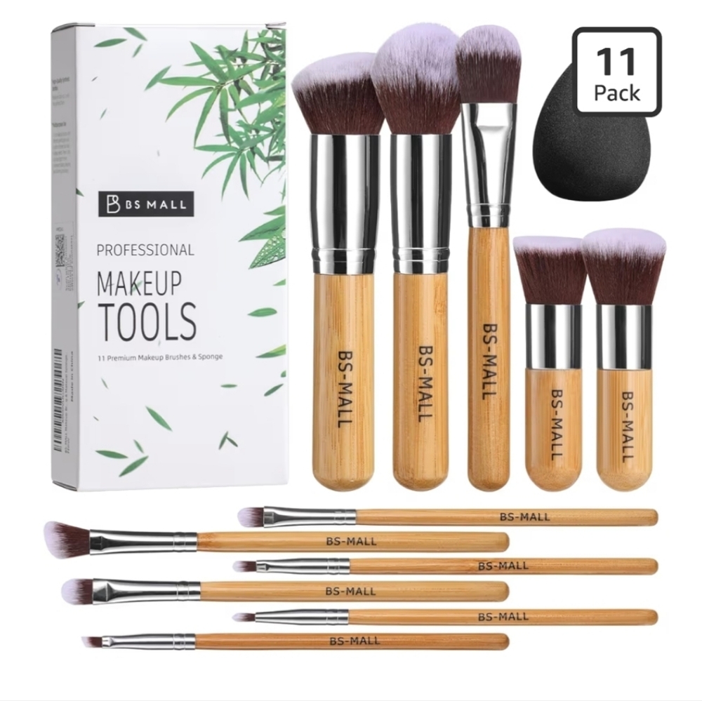 Natural Makeup Brush Set 11Pcs Bamboo Synthetic Kabuki Brush Set NEW